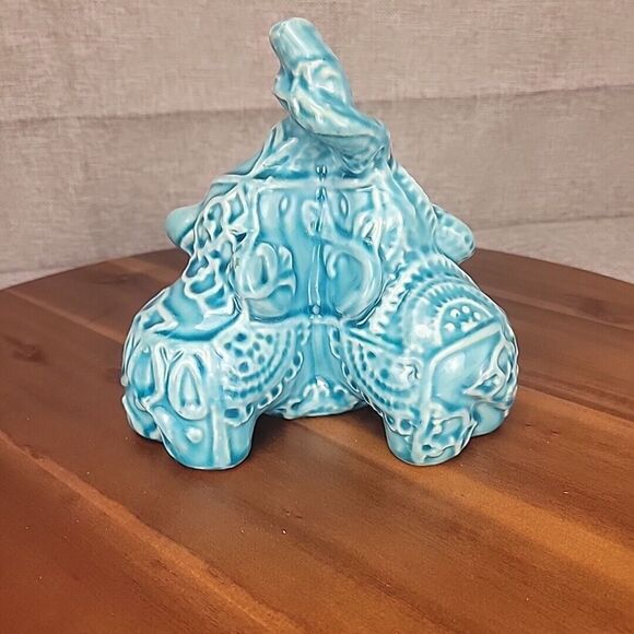 Ceramic Blue & White Decorative 2 Elephants‎ With Raised Trunks 6.5 " Figurine - Picture 5 of 9